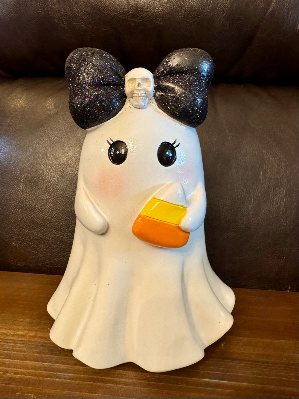 Cute White Ghost Figurine with Black Glitter Bow and Candy Corn Accent